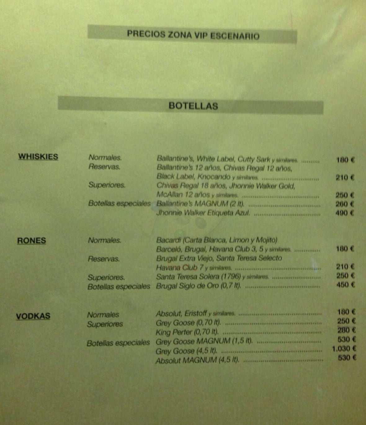Joy Eslava bottle menu